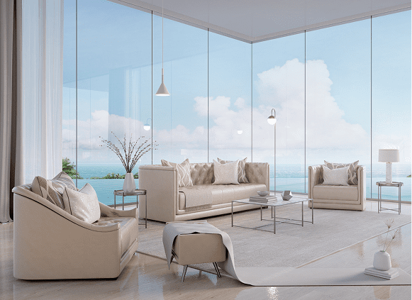 Modern living room with ocean view.