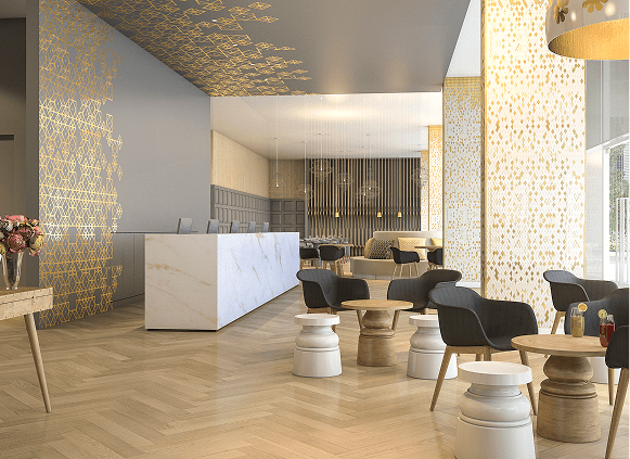 Modern hotel lobby with elegant seating area.