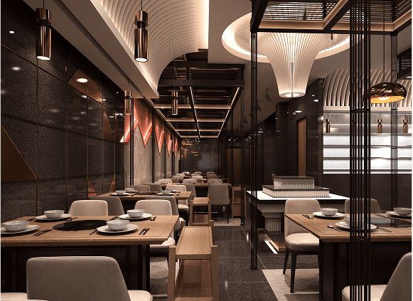 Modern restaurant interior with elegant lighting design.
