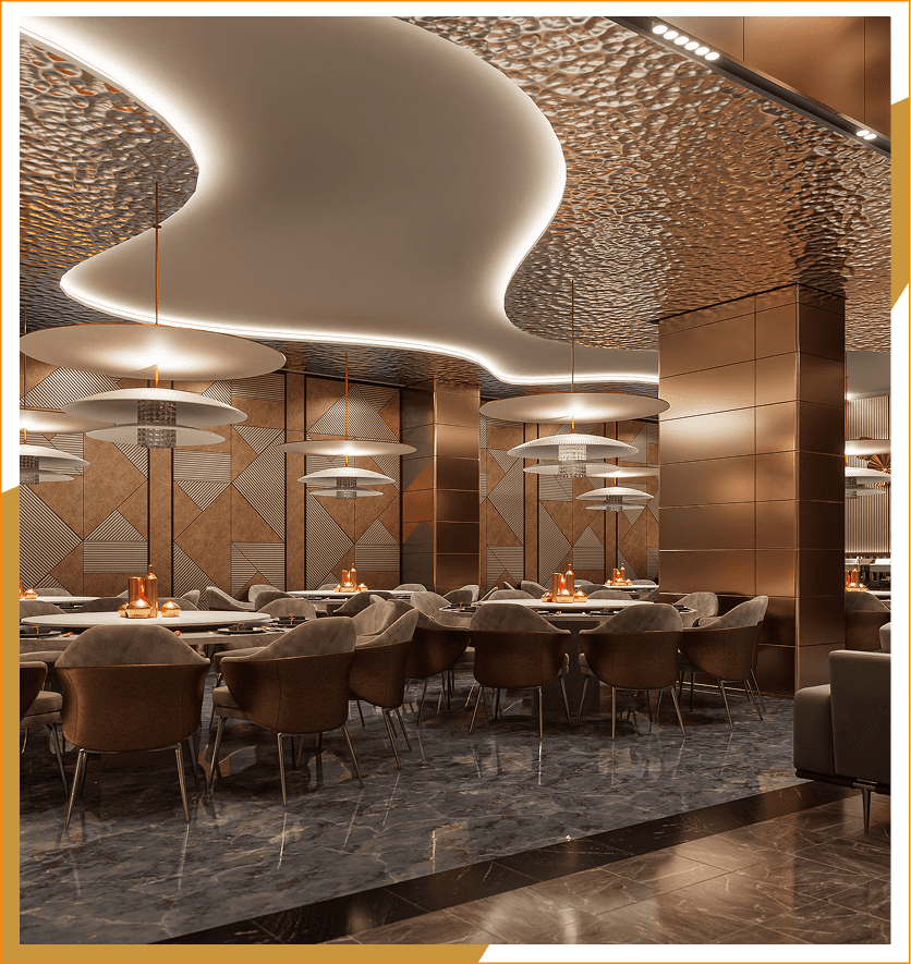 Modern restaurant with elegant lighting and decor.