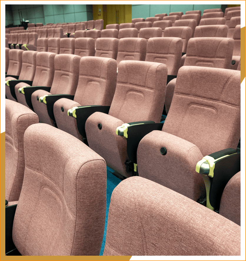 Rows of empty pink auditorium seats.