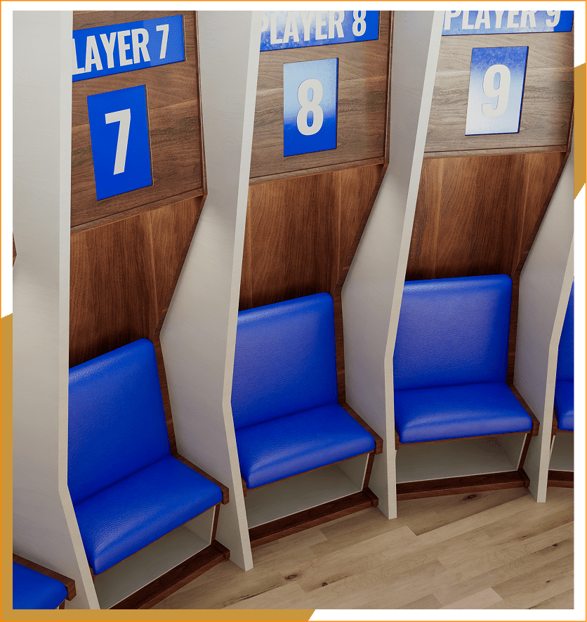 Blue seats in a wooden locker room with player number signs.