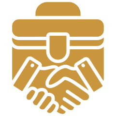 Handshake and briefcase icon on black background.