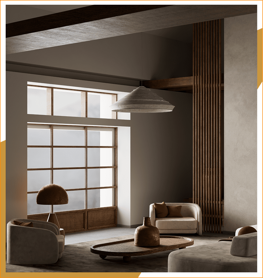 Modern minimalist living room with natural light.