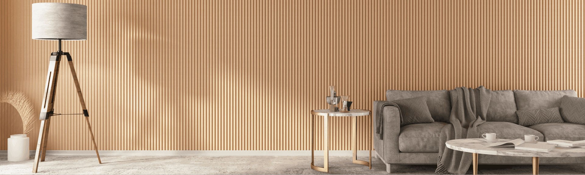 Modern living room with sofa and lamp.